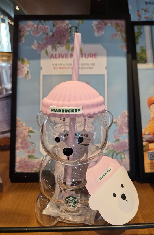 韓国限定 Starbucks クマ型ガラスタンブラー ピンク スタバ